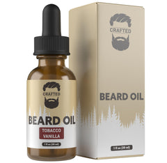 Crafted Beards beard oil bottle shows smooth texture and nourishing formula.