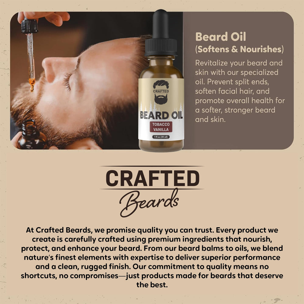 Crafted Beards ingredient label highlights natural formula and vanilla tobacco scent.