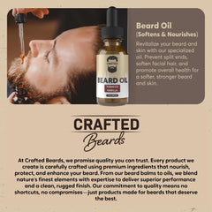 Crafted Beards ingredient label highlights natural formula and vanilla tobacco scent.