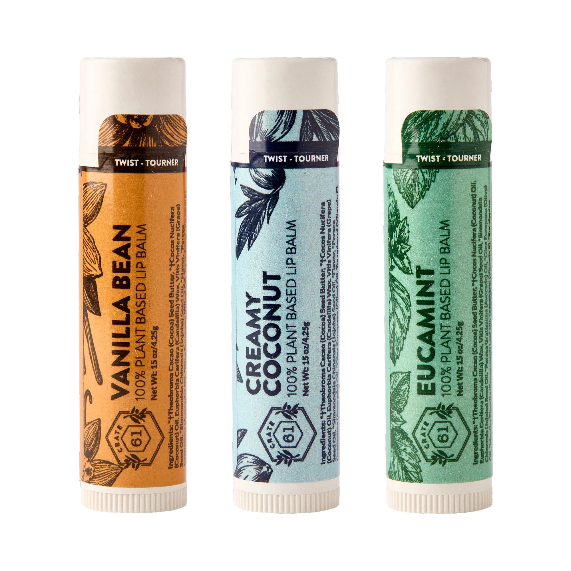 Crate 61 Lip Balm 3-Pack packshot shows three tubes for everyday lip care.