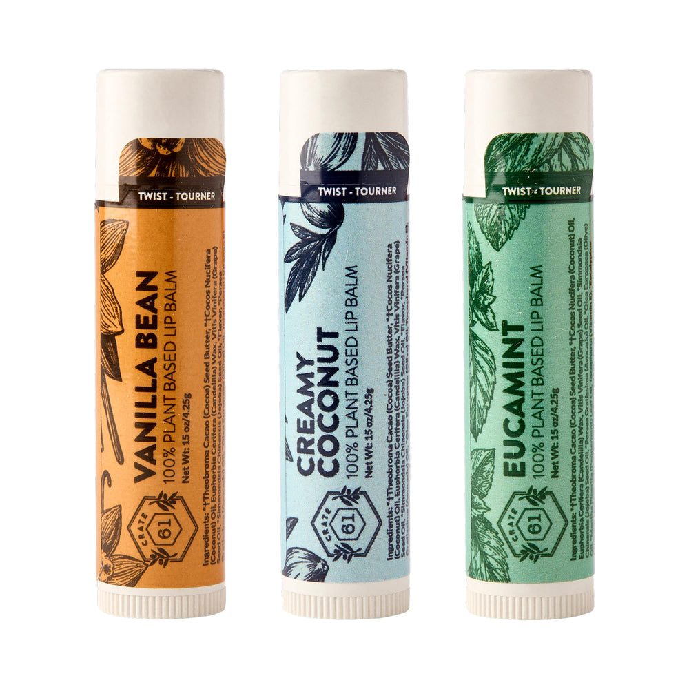 Crate 61 Lip Balm 3-Pack packshot shows three tubes for everyday lip care.
