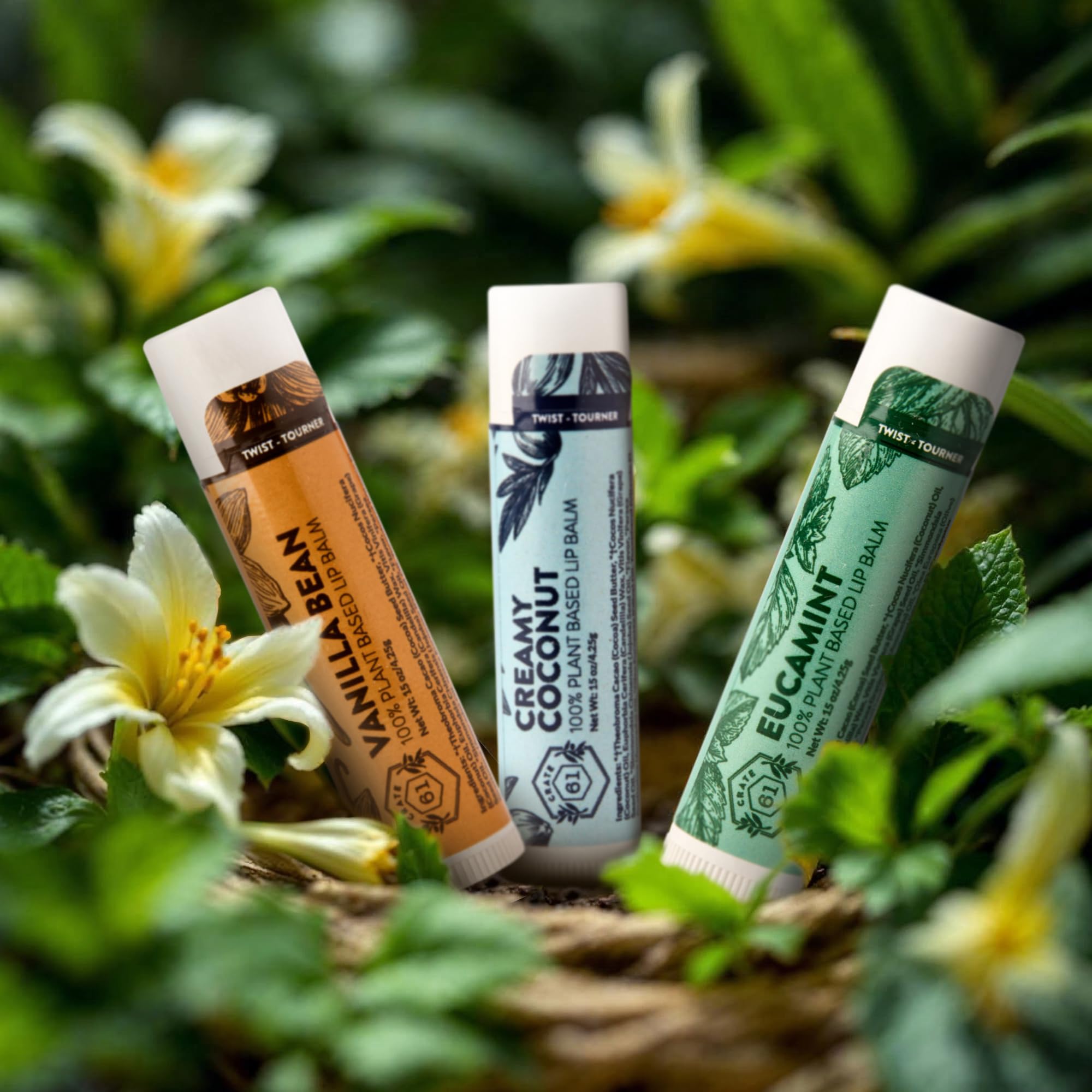 Crate 61 Lip Balm tube packaging shot highlights practical, unisex design.