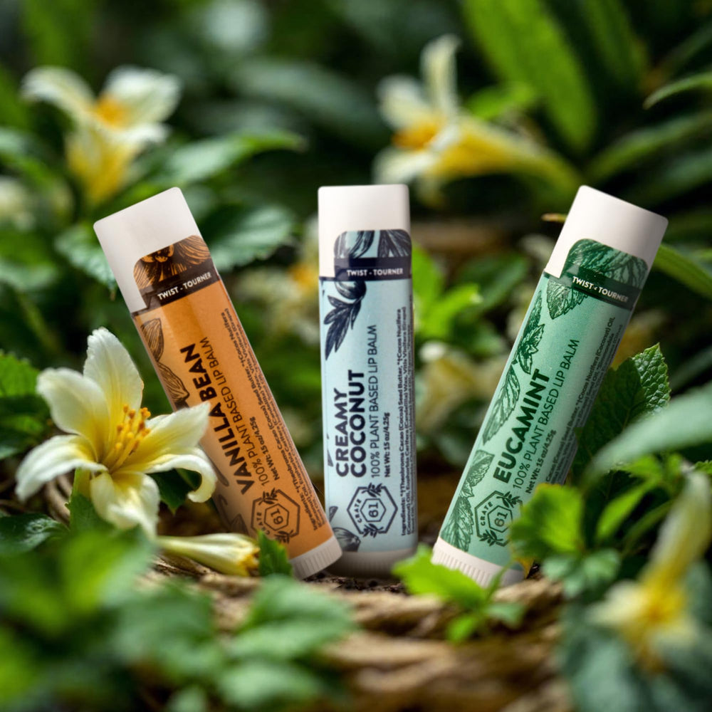 Crate 61 Lip Balm tube packaging shot highlights practical, unisex design.