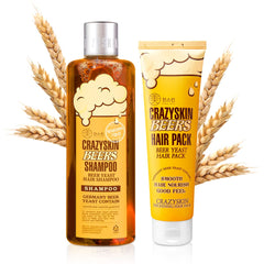 Crazy Skin Beer Shampoo & Hair Pack Set hero image, nourishes scalp and adds shine.