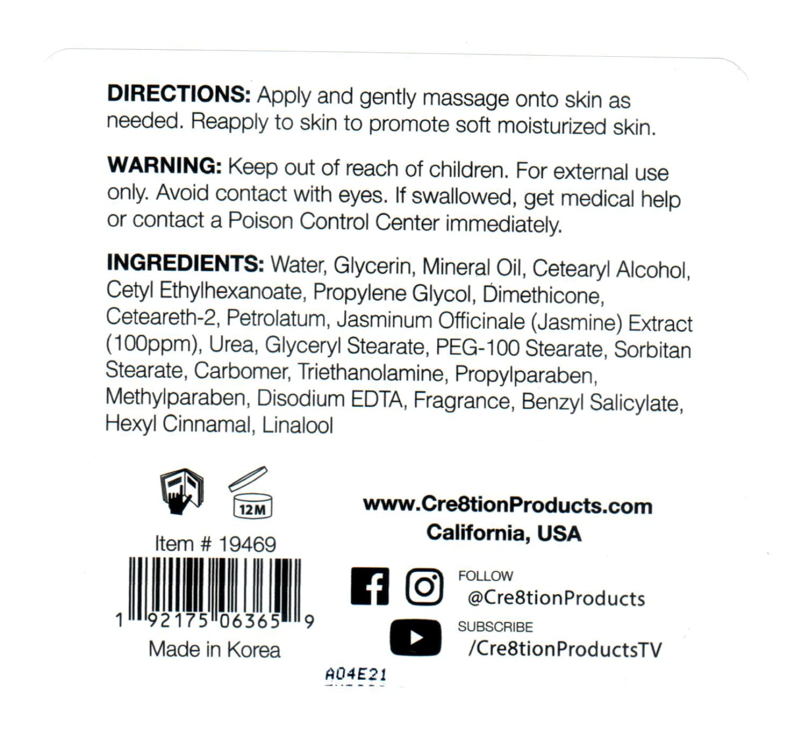 Cre8tion Spa Hand & Body Lotion cream texture closeup shows rich, velvet moisturizer