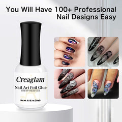 Creaglam foil transfer on nails shows vibrant designs with long-lasting hold.