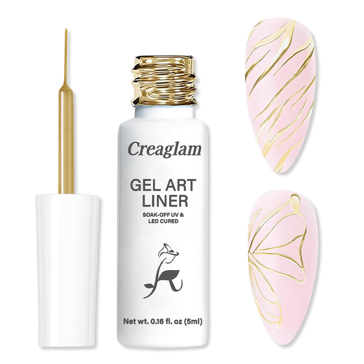 Creaglam Gold Gel Liner with fine brush for precise nail art.