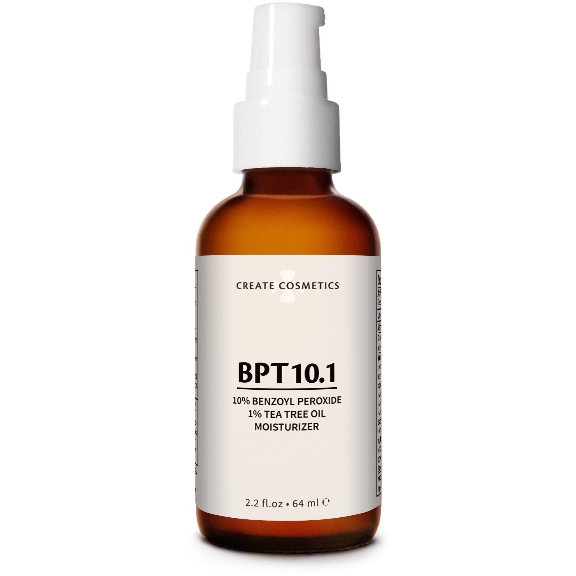 Create Cosmetics BPT10 bottle shown for daily acne care on the face.