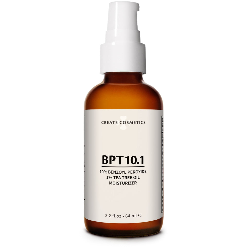 Create Cosmetics BPT10 bottle shown for daily acne care on the face.