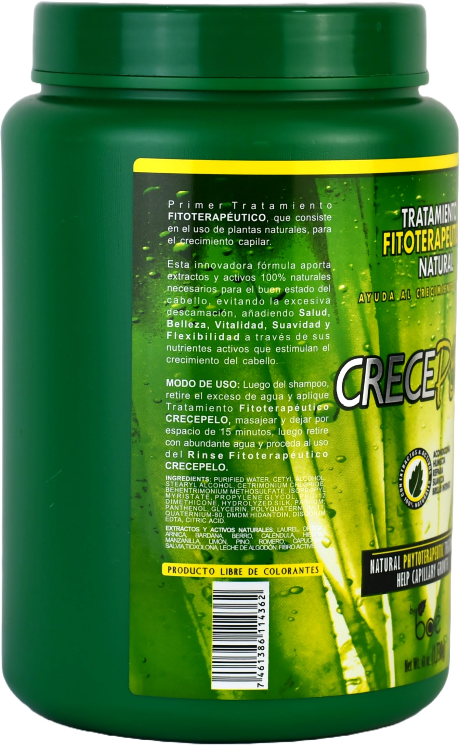 Crece Pelo deep-conditioning mask 61oz bottle emphasizes hydration and repair.