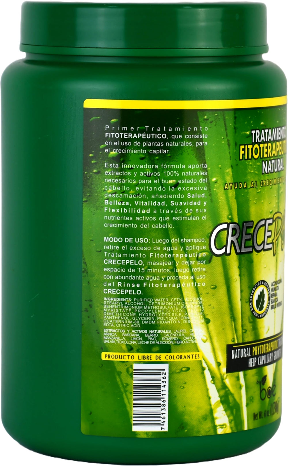 Crece Pelo deep-conditioning mask 61oz bottle emphasizes hydration and repair.