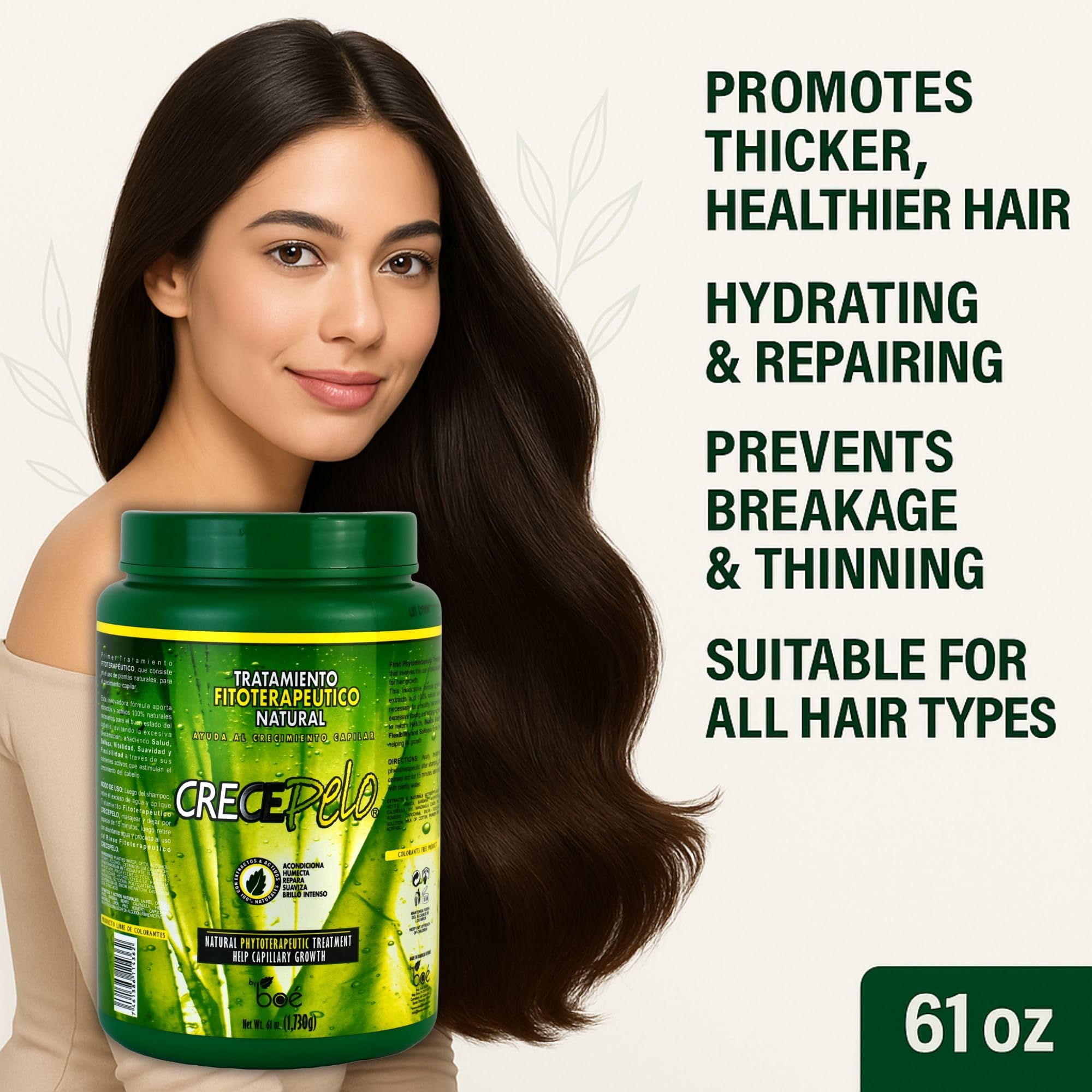 Crece Pelo bottle demonstrates shine enhancement and frizz control.