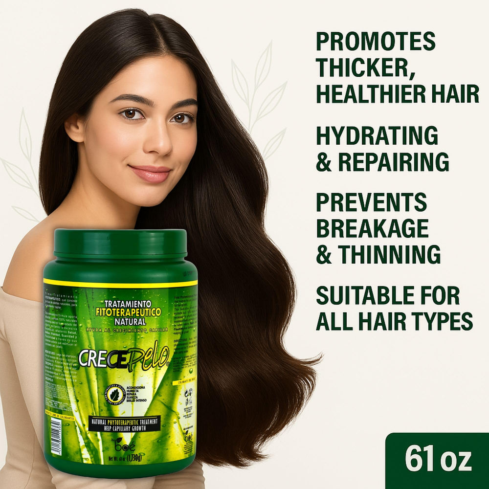 Crece Pelo bottle demonstrates shine enhancement and frizz control.