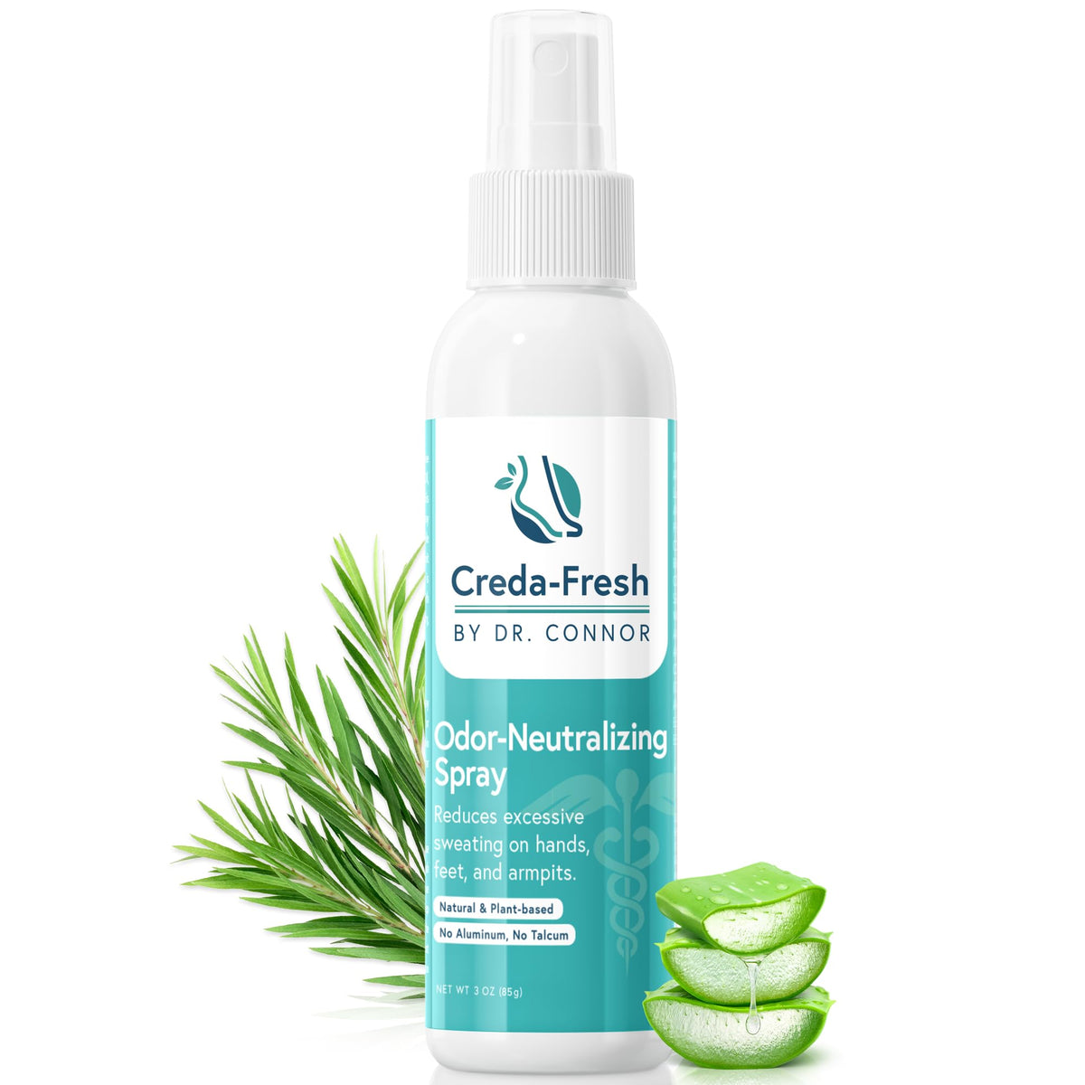 CREDA-FRESH foot spray bottle front view for aluminum-free odor control.