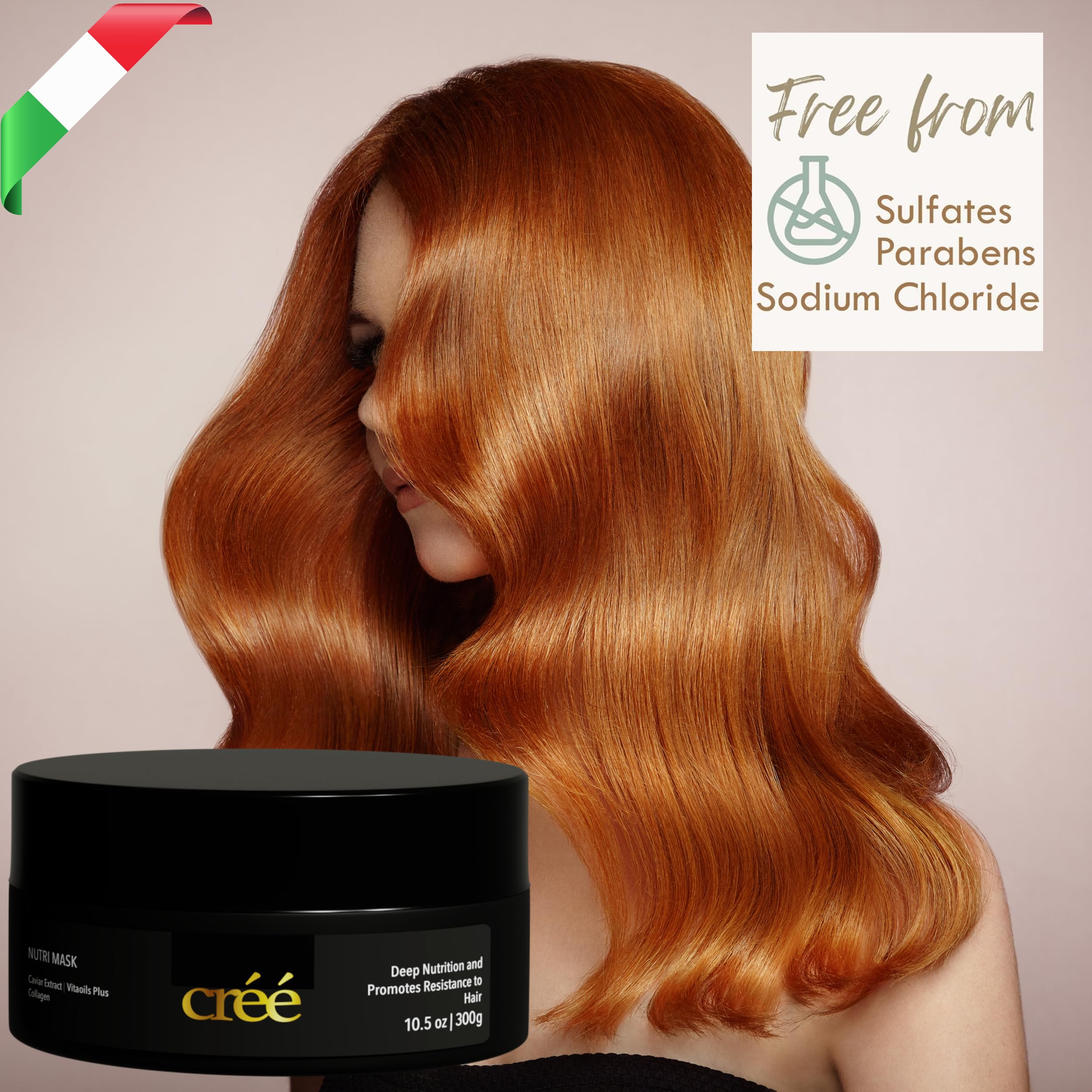 Créé Cree Nutri Mask collagen-cream-tub supports silky ends.