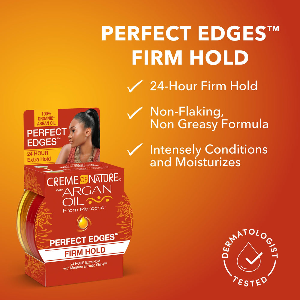 Argan oil nourishment is highlighted, emphasizing natural shine and conditioning for smoother edges