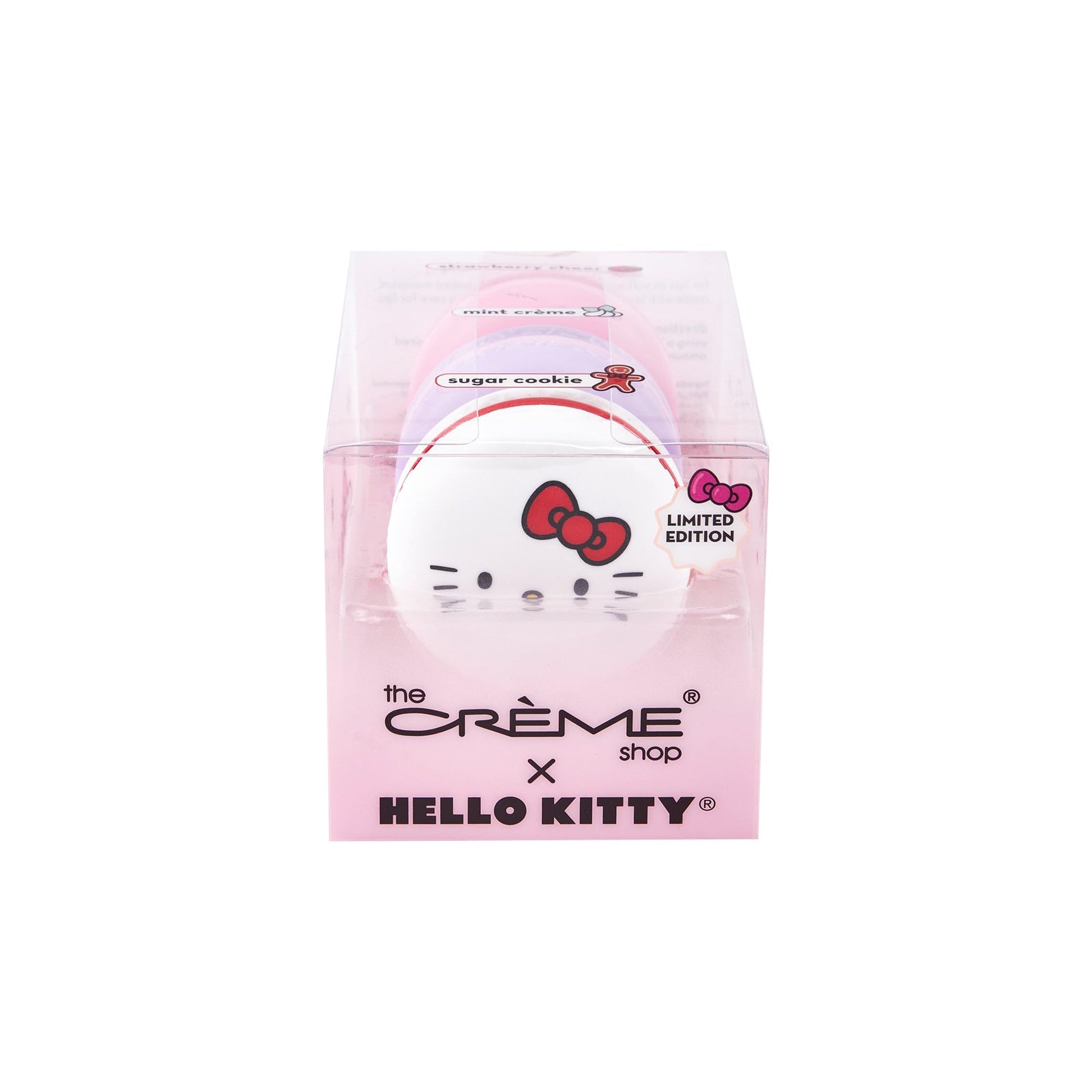 The Crème Shop Hello Kitty lip balm trio in Strawberry Cheer, hydrating and smoothing lips.