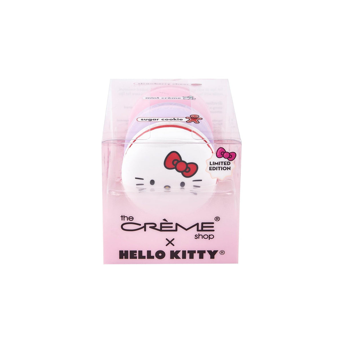 The Crème Shop Hello Kitty lip balm trio in Strawberry Cheer, hydrating and smoothing lips.