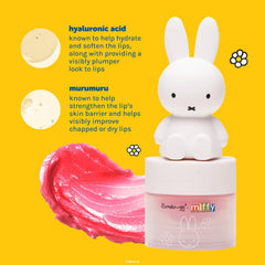 Swatch of The Crème Shop Miffy tinted lip balm in Rare Rose showing rosy tint.