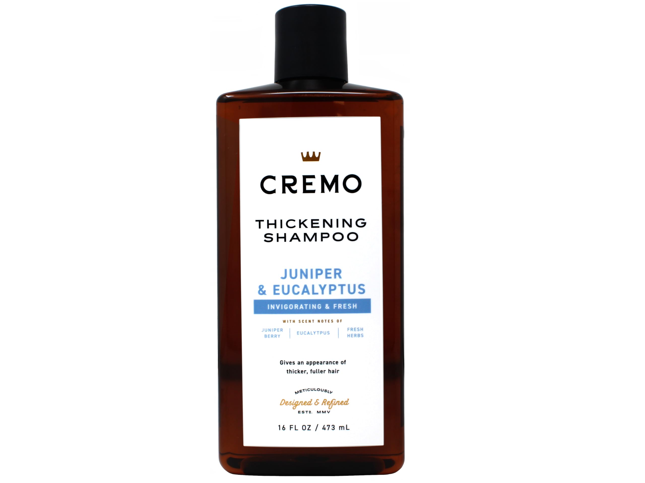 Cremo barber-grade shampoo bottle cap conveys premium feel in the shower