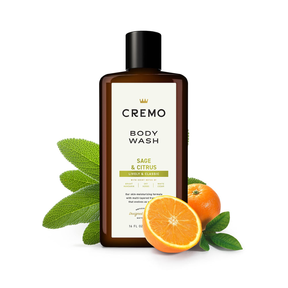 Cremo bathroom shelf presentation shot, pairing the body wash with daily grooming routine.