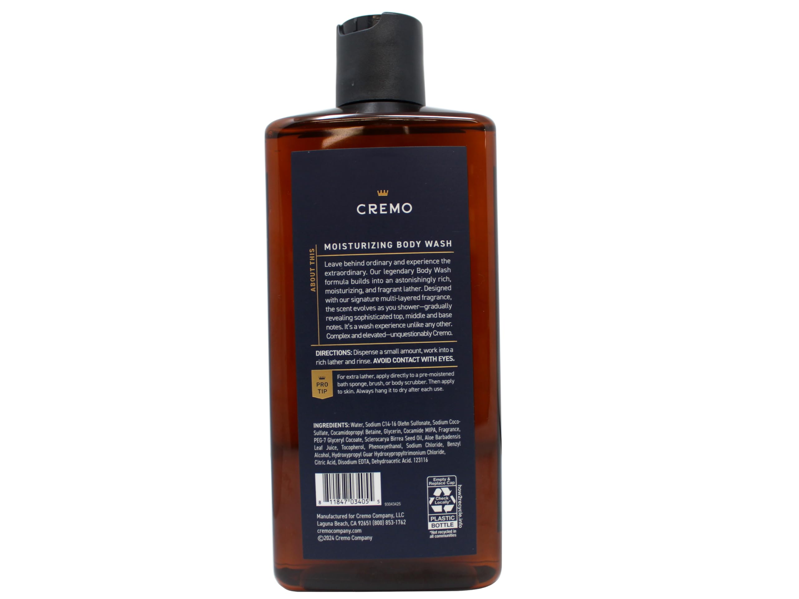 Cremo Golden Amber body wash bottle with tropical and marine notes for a luxurious cleanse.