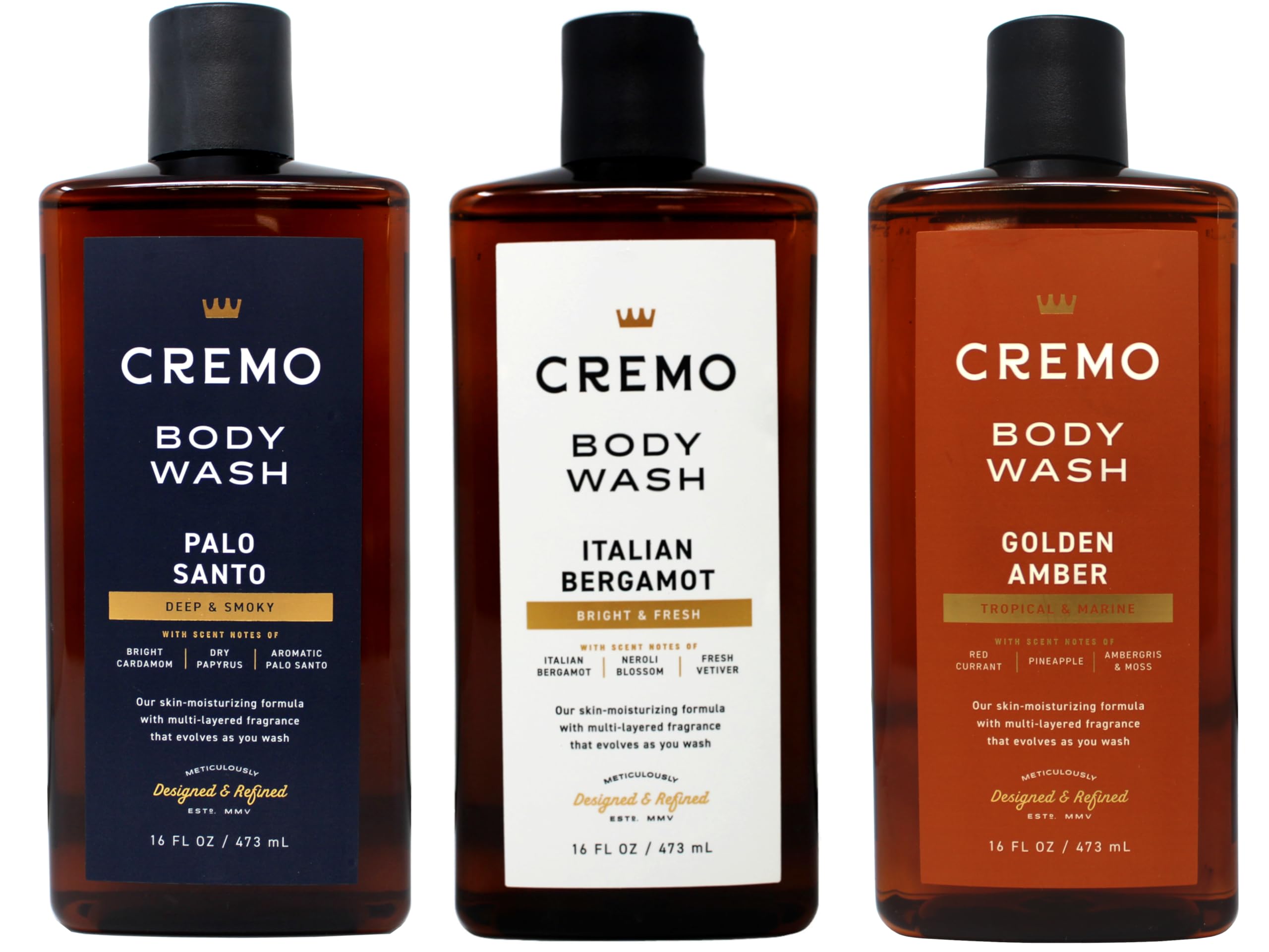 Cremo Palo Santo body wash bottle with deep, smoky aroma for a premium shower.