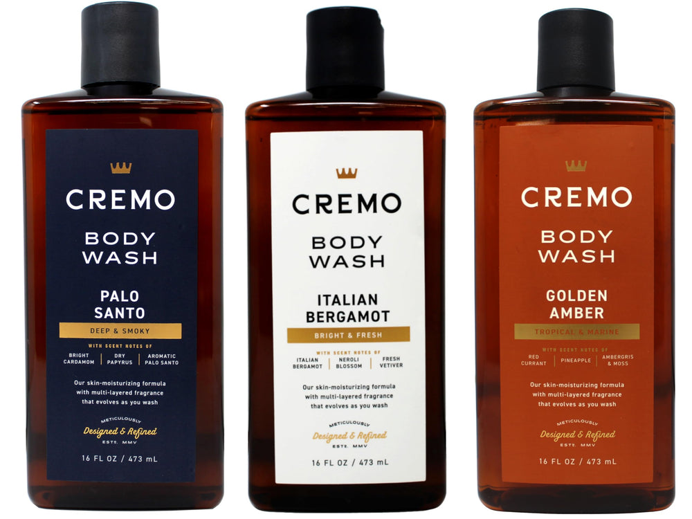 Cremo Palo Santo body wash bottle with deep, smoky aroma for a premium shower.