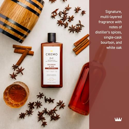 Cremo Bourbon & Oak 2-in-1 bottle being poured for a quick, convenient lather.