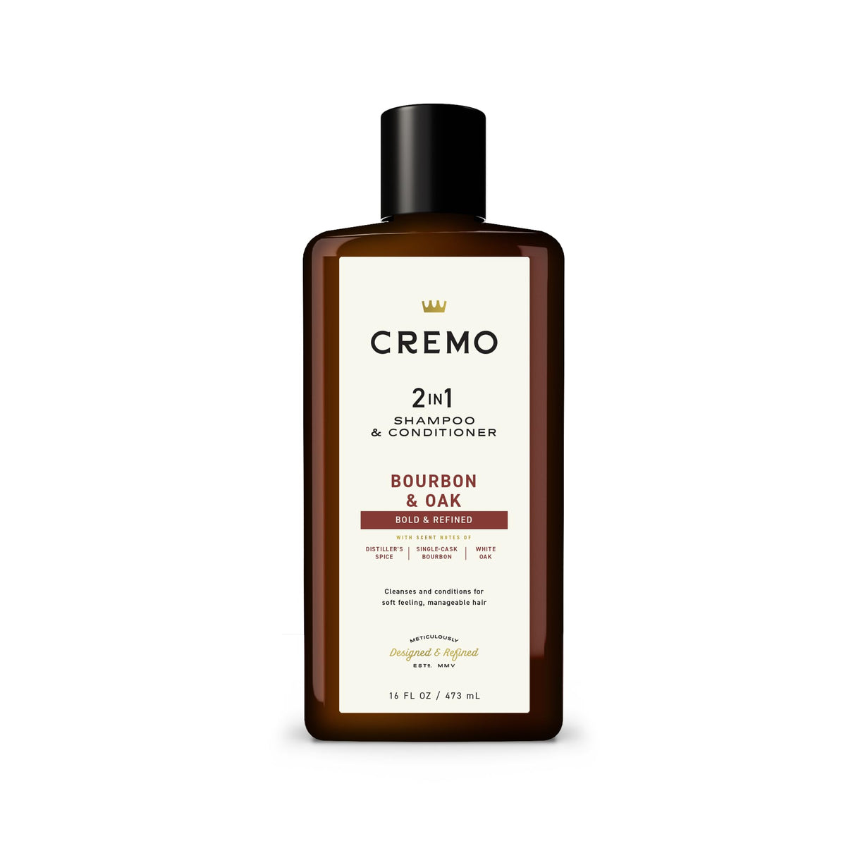 Cremo Bourbon & Oak 2-in-1 bottle ready for daily cleansing and moisturizing.