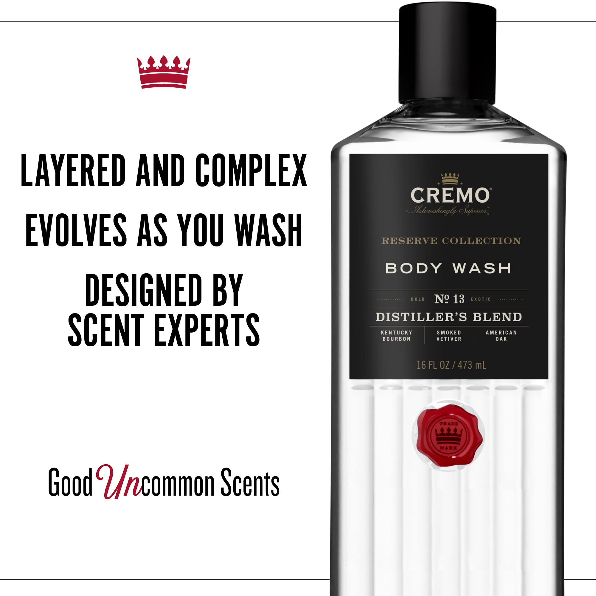 Cremo Distiller’s Blend bottle pour highlighting bourbon-inspired aroma during shower.