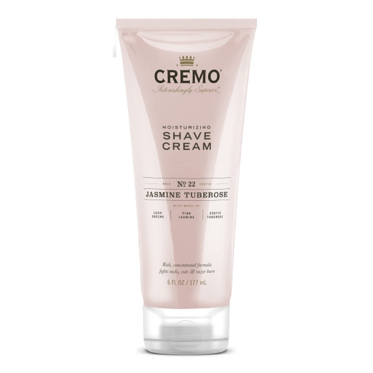 Cremo Jasmine Tuberose Reserve bottle with moisturizing shave cream for a smooth shave