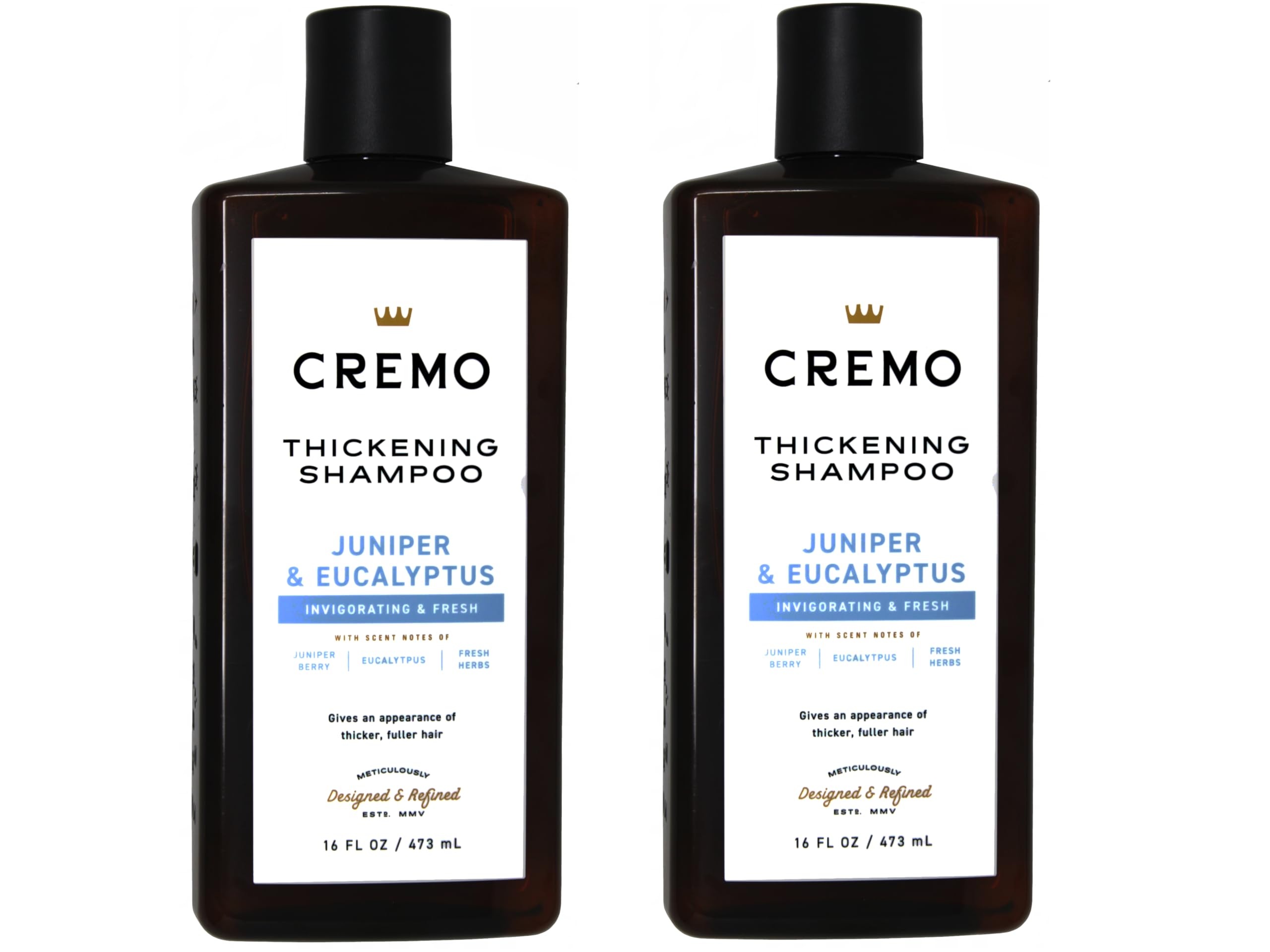 Cremo Juniper & Eucalyptus shampoo bottle front, barber-grade branding for added volume