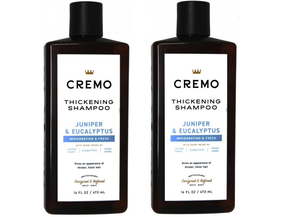 Cremo Juniper & Eucalyptus shampoo bottle front, barber-grade branding for added volume
