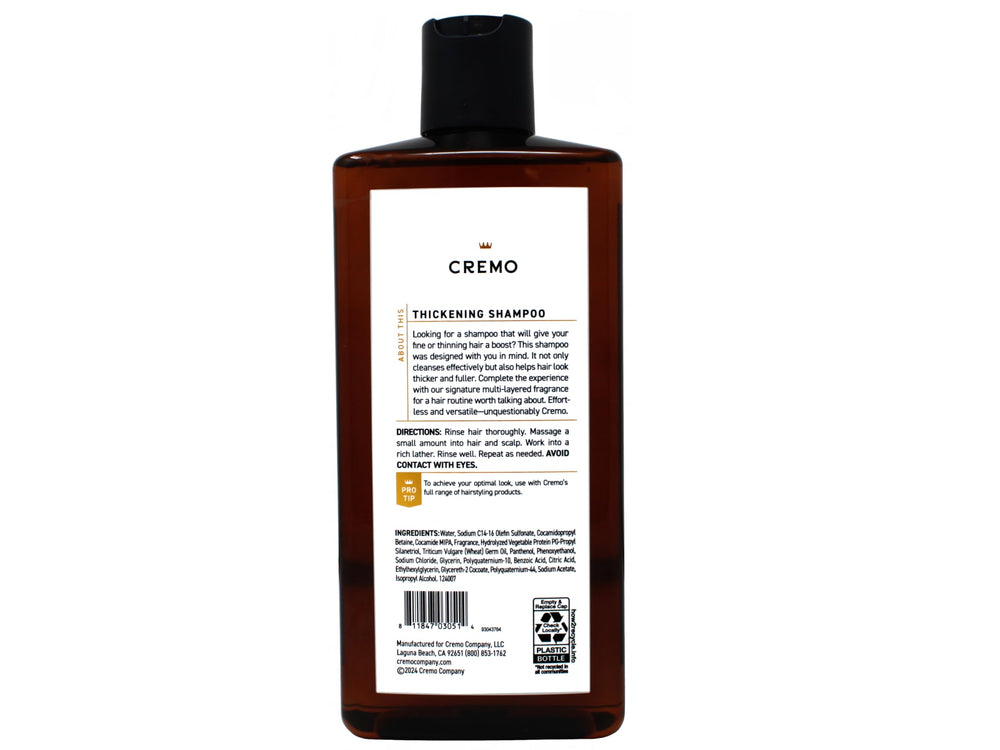 Cremo packaging box highlighting thickening formula and fine hair benefits