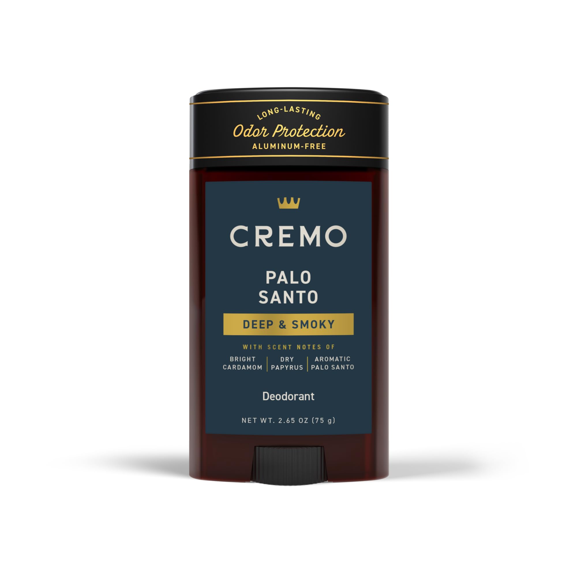 Cremo Palo Santo deodorant tube front with aluminum-free freshness for daily wear