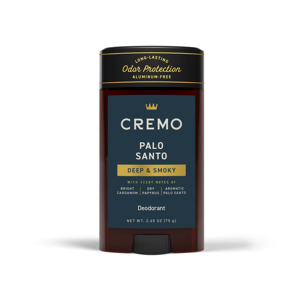 Cremo Palo Santo deodorant tube front with aluminum-free freshness for daily wear