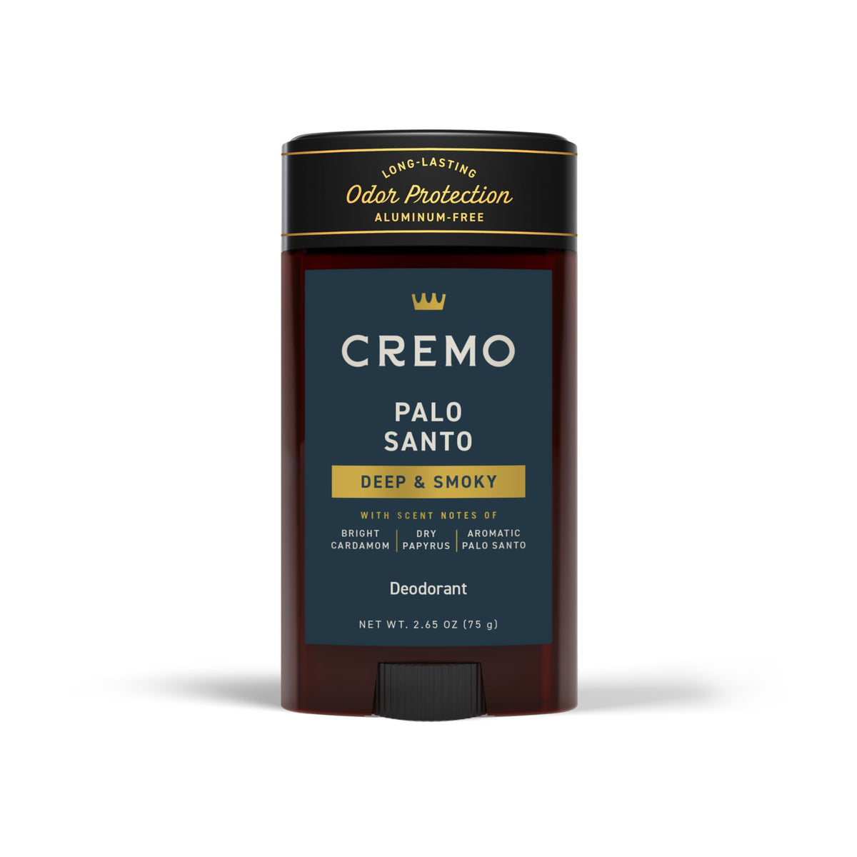 Cremo Palo Santo deodorant tube front with aluminum-free freshness for daily wear
