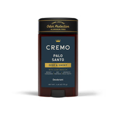 Cremo Palo Santo deodorant tube front with aluminum-free freshness for daily wear