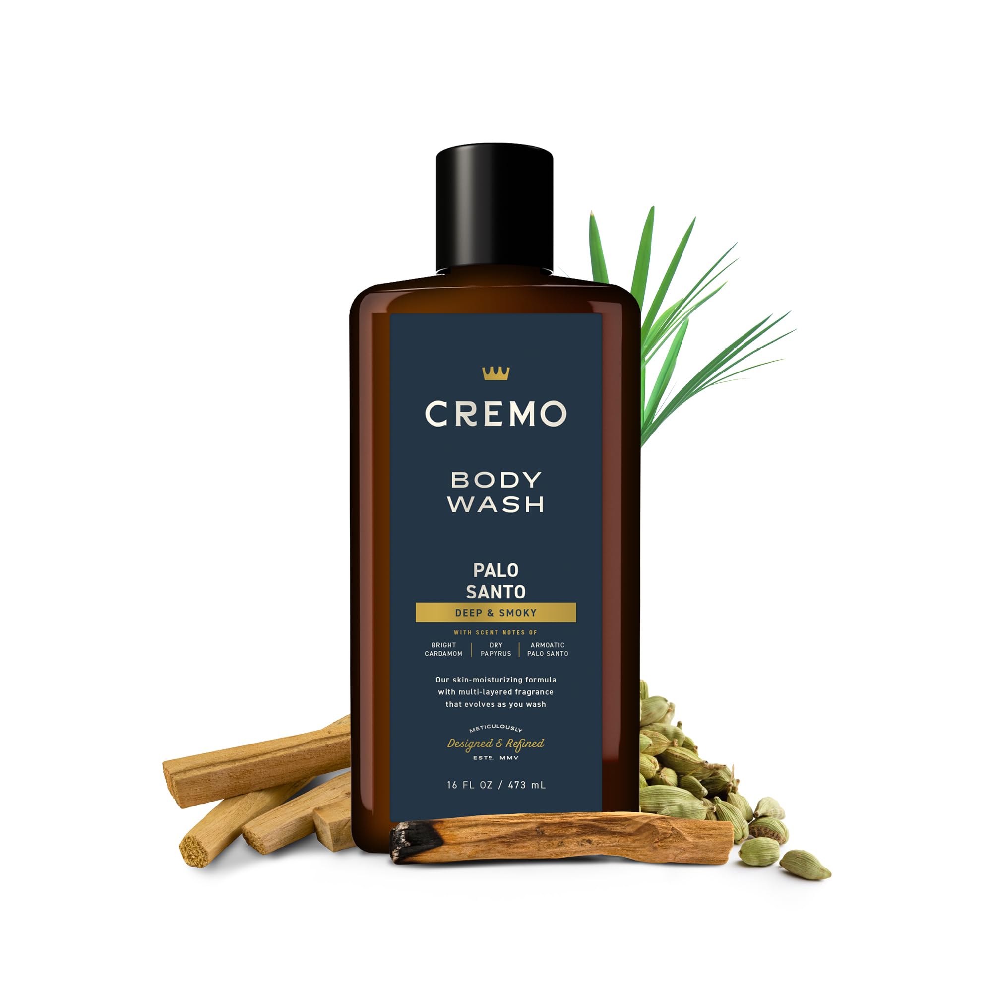 Cremo Reserve Palo Santo packaging on a sink suggests spa-like shower ritual.
