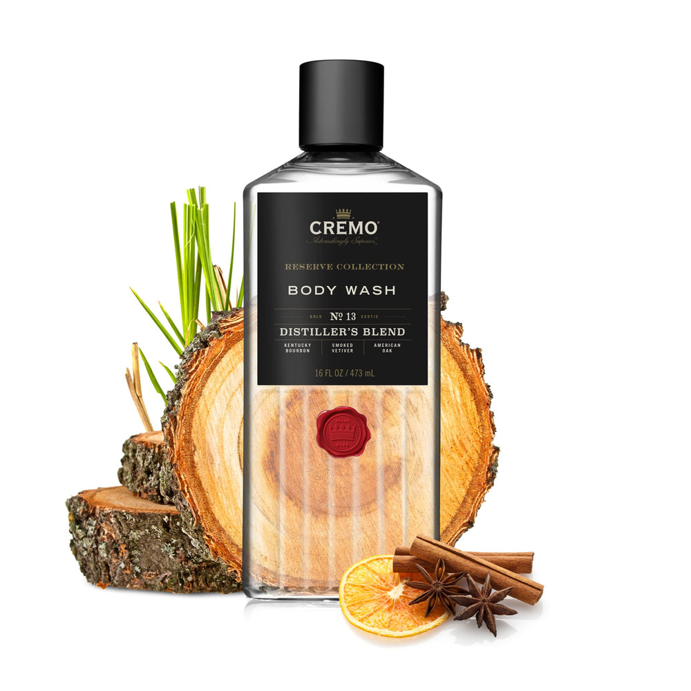 Cremo Reserve Collection packaging box on shelf for upscale bathroom look.