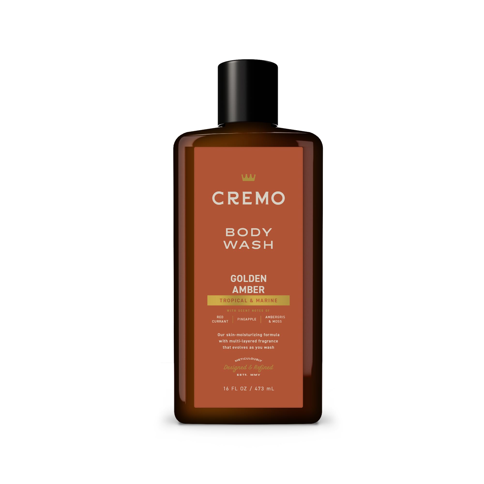 Cremo Rich-Lathering Golden Amber Body Wash bottle highlights rich lather for daily grooming.