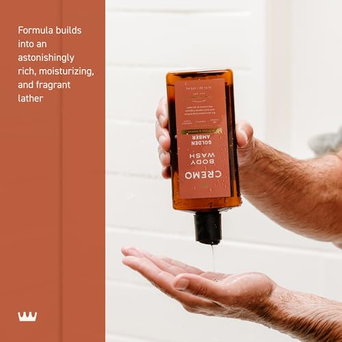 Cremo Rich-Lathering Golden Amber Body Wash label highlights red currant, pineapple, ambergris, and moss.