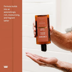 Cremo Rich-Lathering Golden Amber Body Wash label highlights red currant, pineapple, ambergris, and moss.