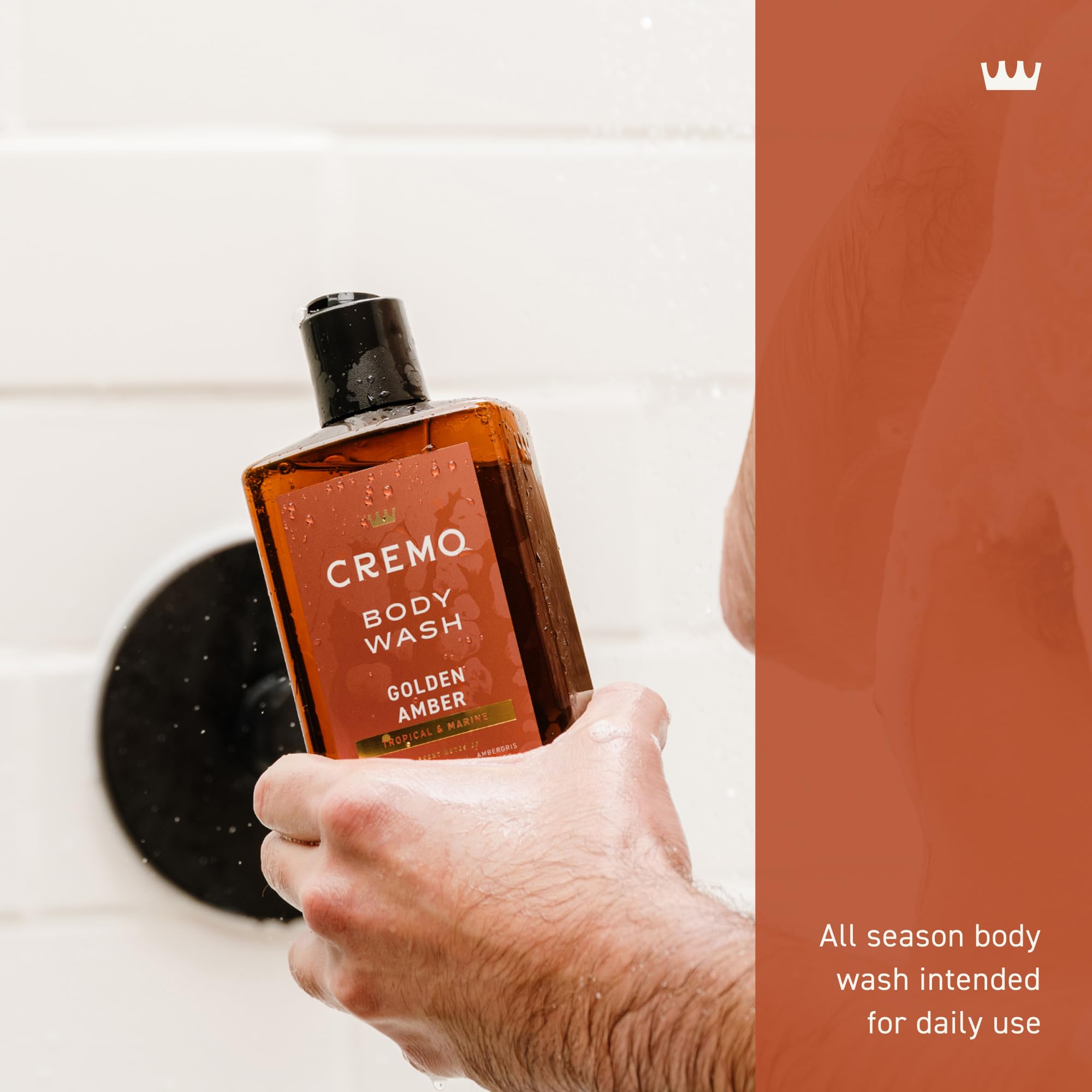 Texture close-up shows creamy consistency of Cremo Golden Amber Body Wash.