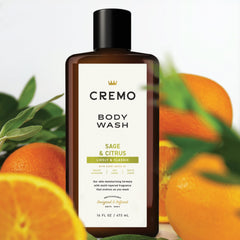 Cremo sage-citrus ingredients marula oil label, highlighting skin nourishment.