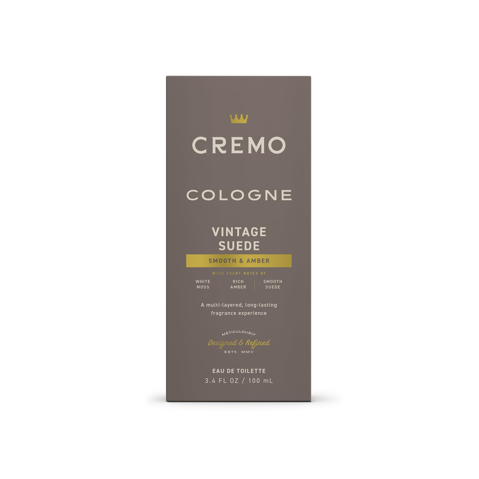 Cremo Vintage Suede base notes convey warm amber depth.