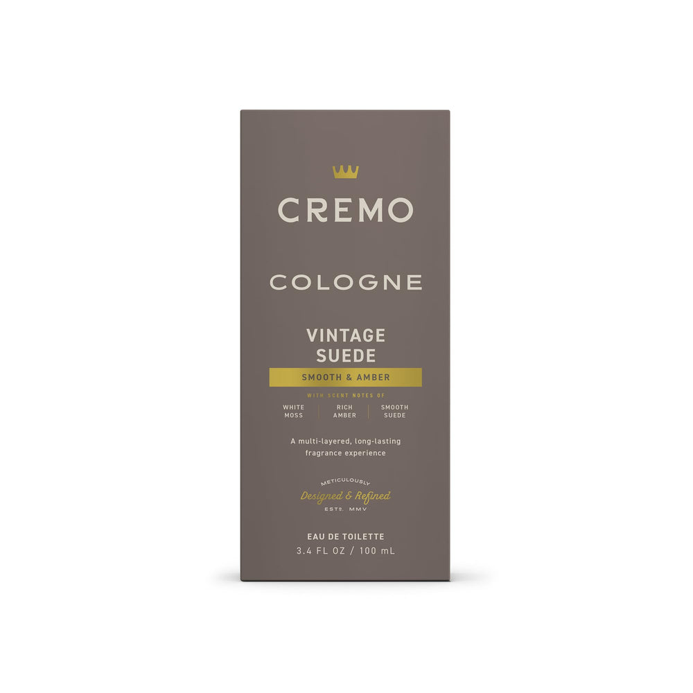 Cremo Vintage Suede base notes convey warm amber depth.