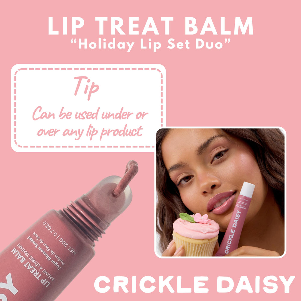Crickle Daisy Lip Treat Balm on lips with soft sheen.