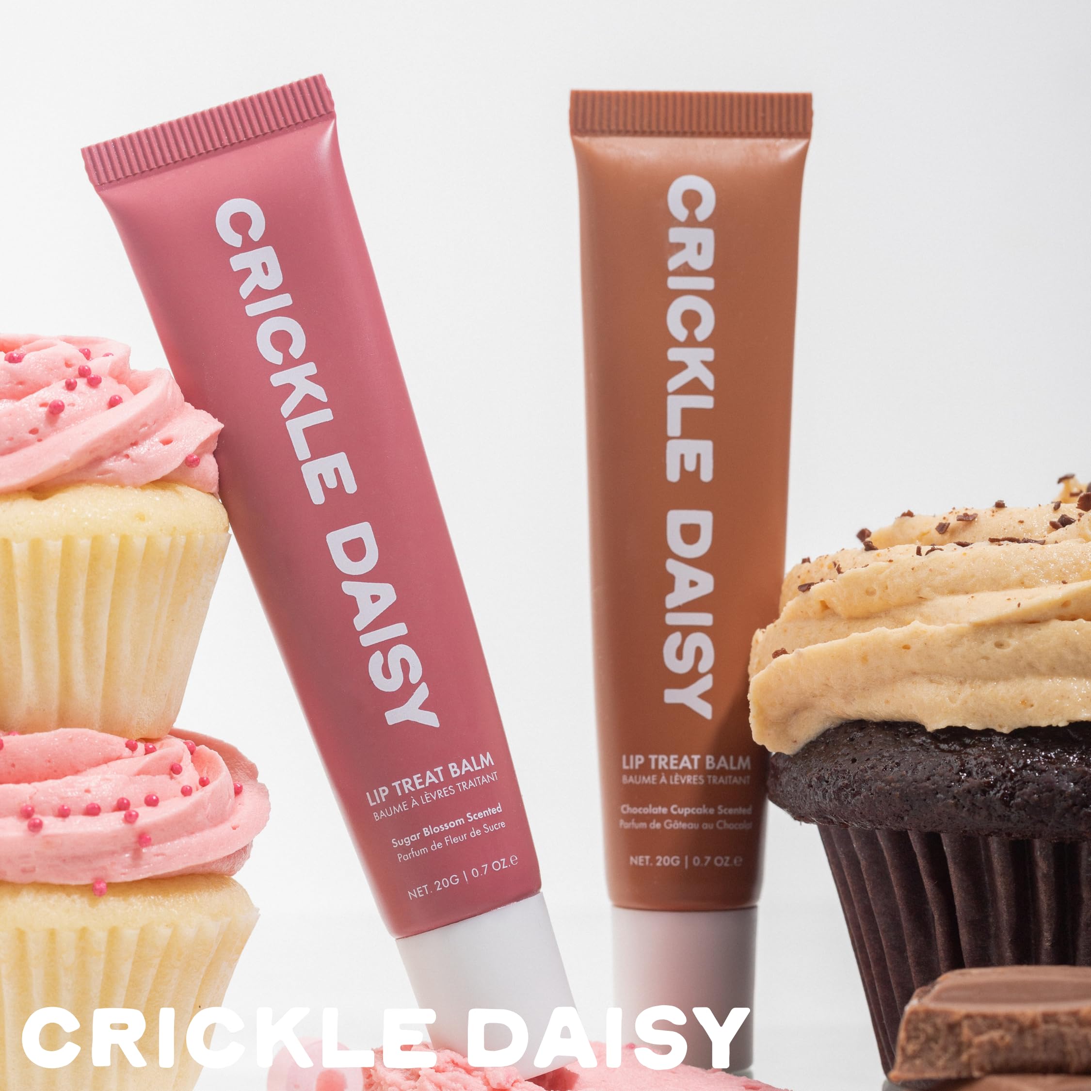 Crickle Daisy Lip Treat Balm label highlights avocado, olive, and coconut oils.